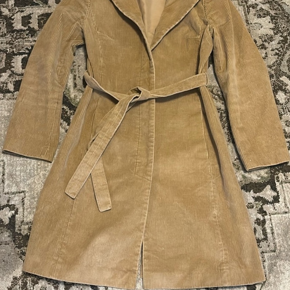 Small Tan Corduroy Trench Coat with Belted Waist